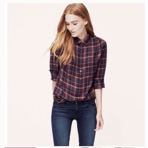 LOFT Tops - LOFT Plaid Henley Blouse - Petite Small - Plum